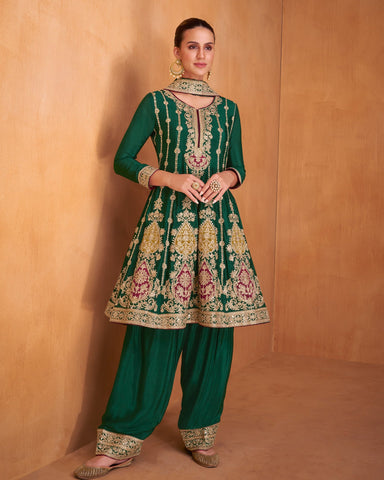 Green Chinnon Silk Readymade Kalidar Frock Suit With Green Embroidered Afgani Salwar