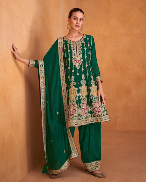 Green Chinnon Silk Readymade Kalidar Frock Suit With Green Embroidered Afgani Salwar