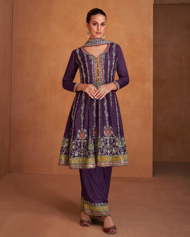 Purple Chinnon Silk Readymade Kalidar Frock Suit With Purple Embroidered Afgani Salwar