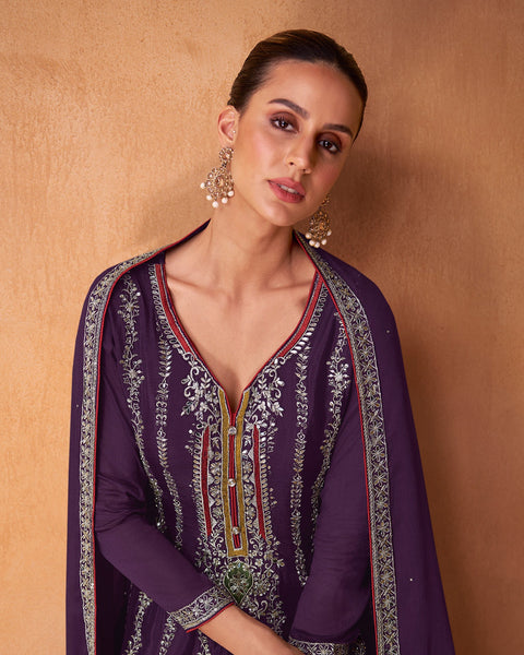 Purple Chinnon Silk Readymade Kalidar Frock Suit With Purple Embroidered Afgani Salwar