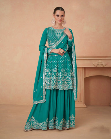 Sea Green Chinnon Silk Thread Sequins Work Frock Suit With Embroidered Palazzo
