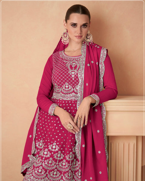 Pink Chinnon Silk Thread Sequins Work Frock Suit With Embroidered Palazzo