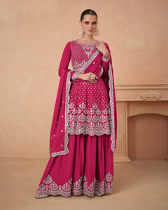 Pink Chinnon Silk Thread Sequins Work Frock Suit With Embroidered Palazzo