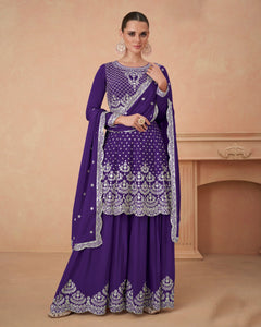 Purple Chinnon Silk Thread Sequins Work Frock Suit With Embroidered Palazzo