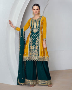 Yellow & Green Chinnon Silk Readymade Frock Suit With Zari Work