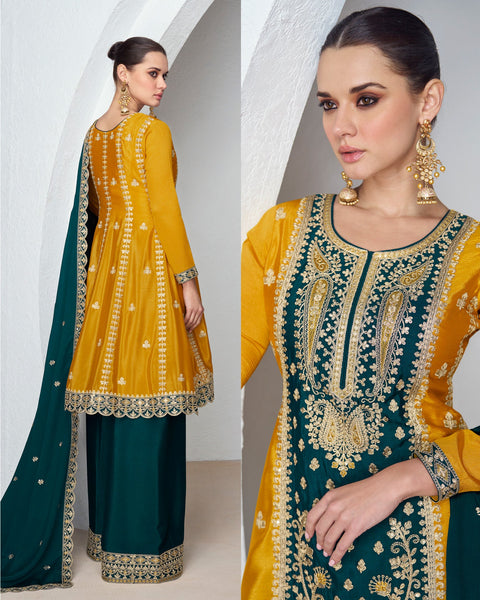 Yellow & Green Chinnon Silk Readymade Frock Suit With Zari Work