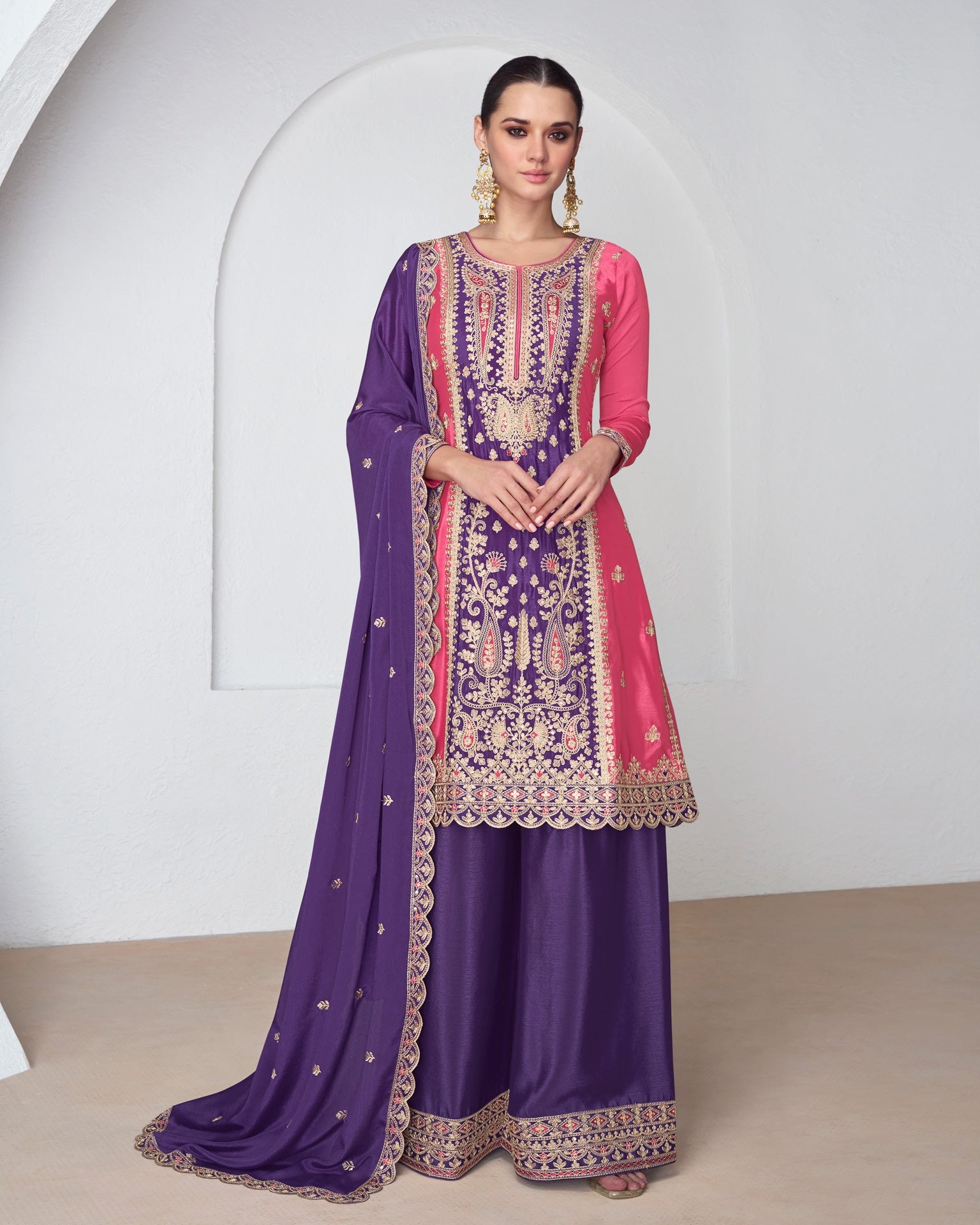 Pink & Purple Chinnon Silk Readymade Frock Suit With Zari Work