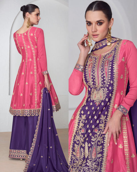 Pink & Purple Chinnon Silk Readymade Frock Suit With Zari Work