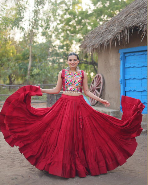 Red Readymade Women Rayon Fabric Dandiya Rass Garba Chaniya Choli With Jacket