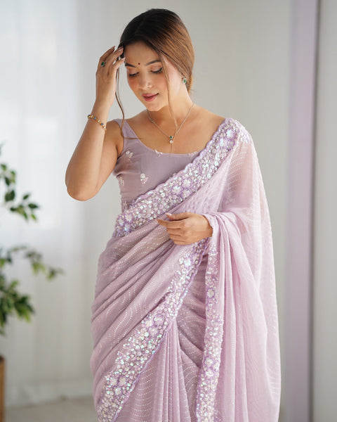 Lavender Georgette Women Sequins Work Saree With Unstitched Blouse