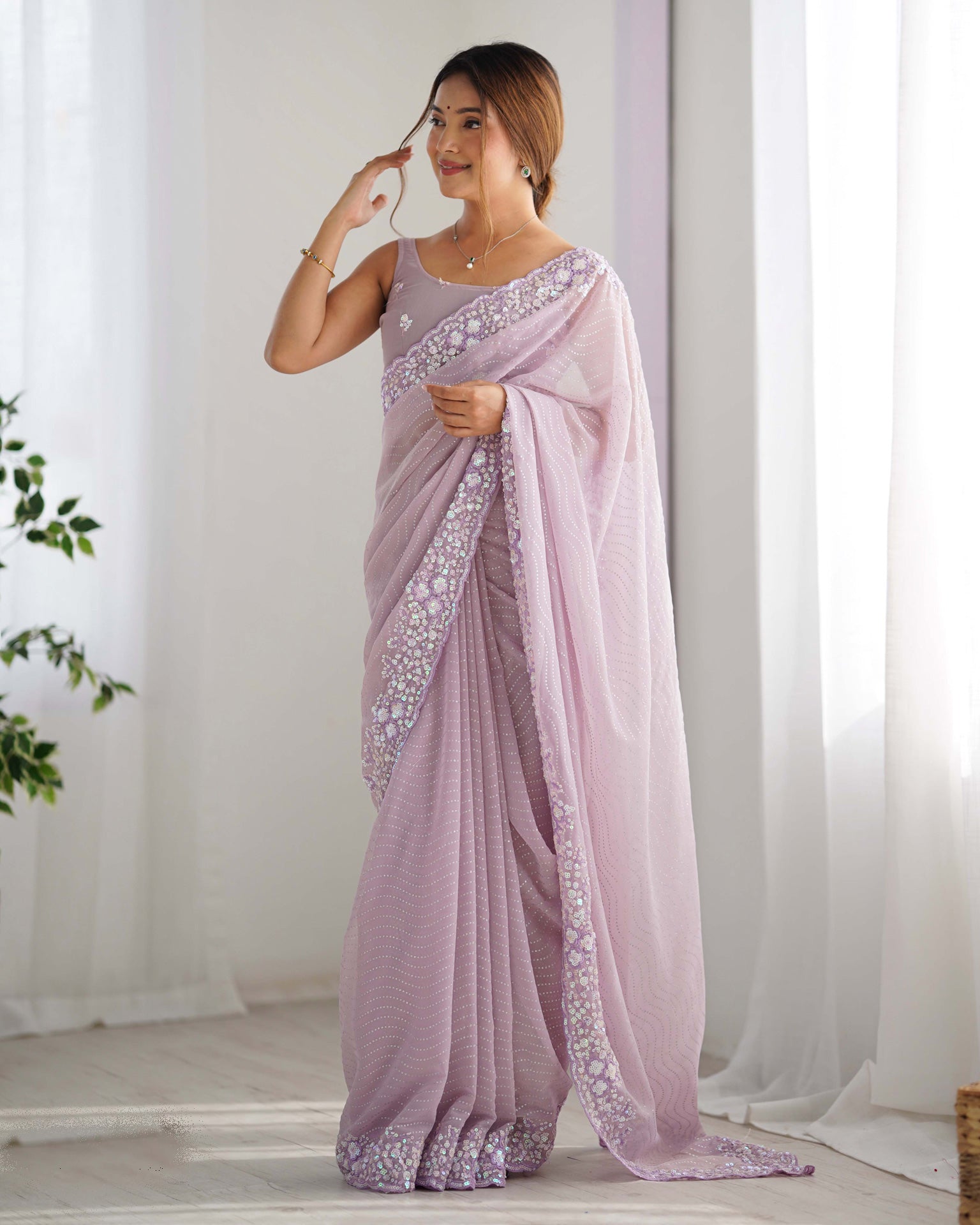 Lavender Georgette Women Sequins Work Saree With Unstitched Blouse