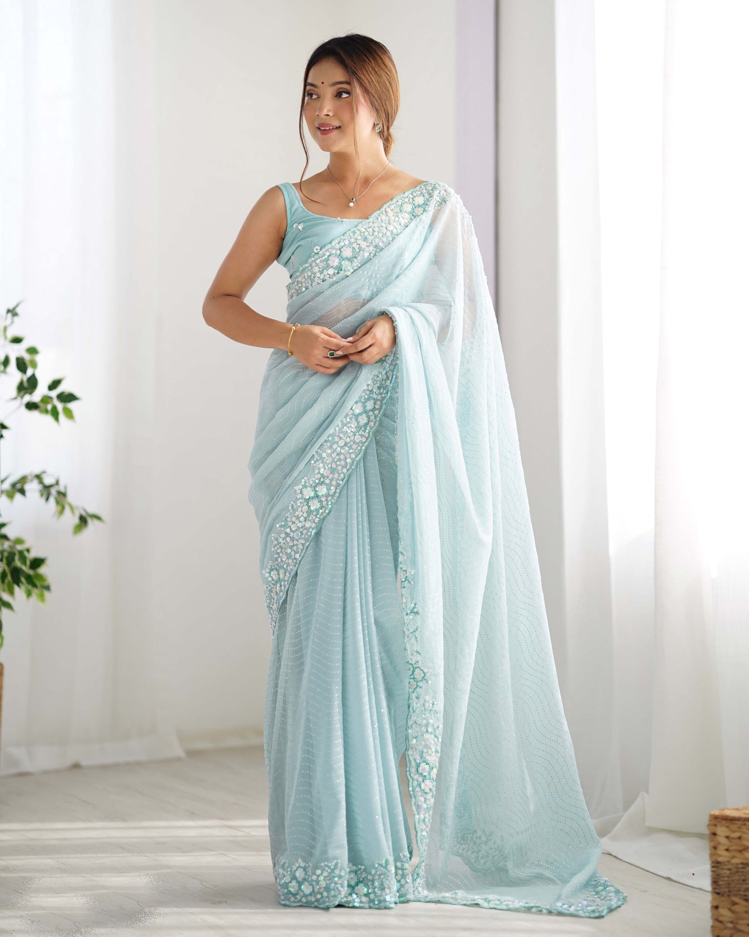 Sky Blue Georgette Women Sequins Work Saree With Unstitched Blouse