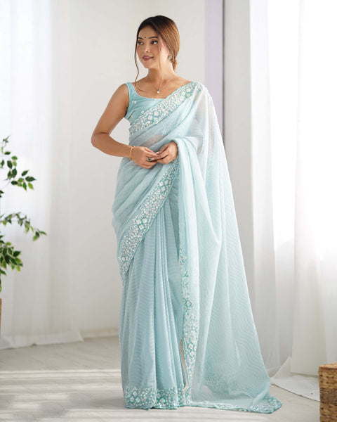 Sky Blue Georgette Women Sequins Work Saree With Unstitched Blouse