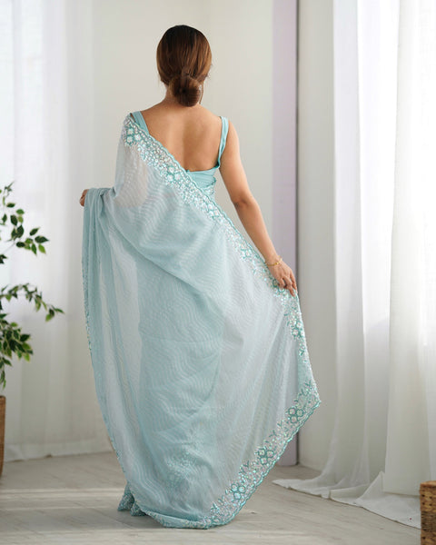 Sky Blue Georgette Women Sequins Work Saree With Unstitched Blouse