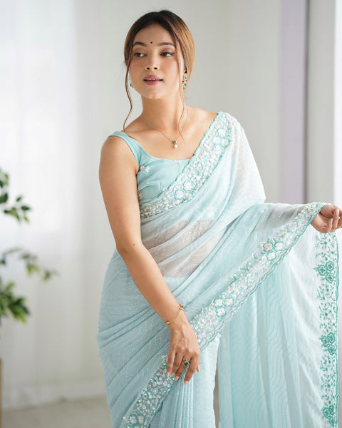 Sky Blue Georgette Women Sequins Work Saree With Unstitched Blouse