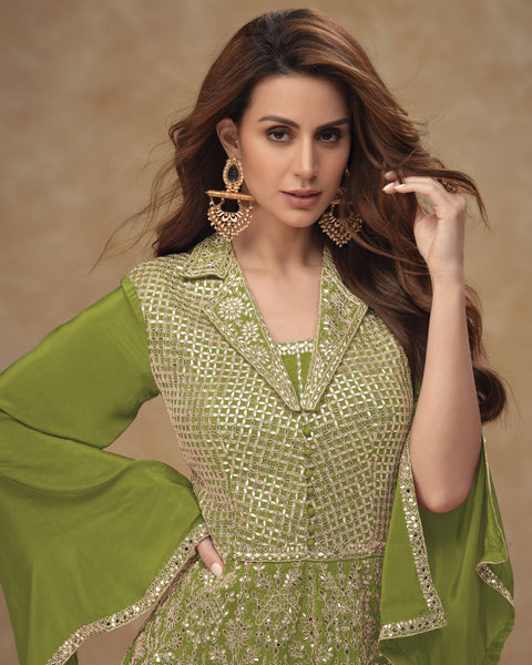 Green Readymade CO-Ord Palazzo Suit For Woman In Chinnon Silk