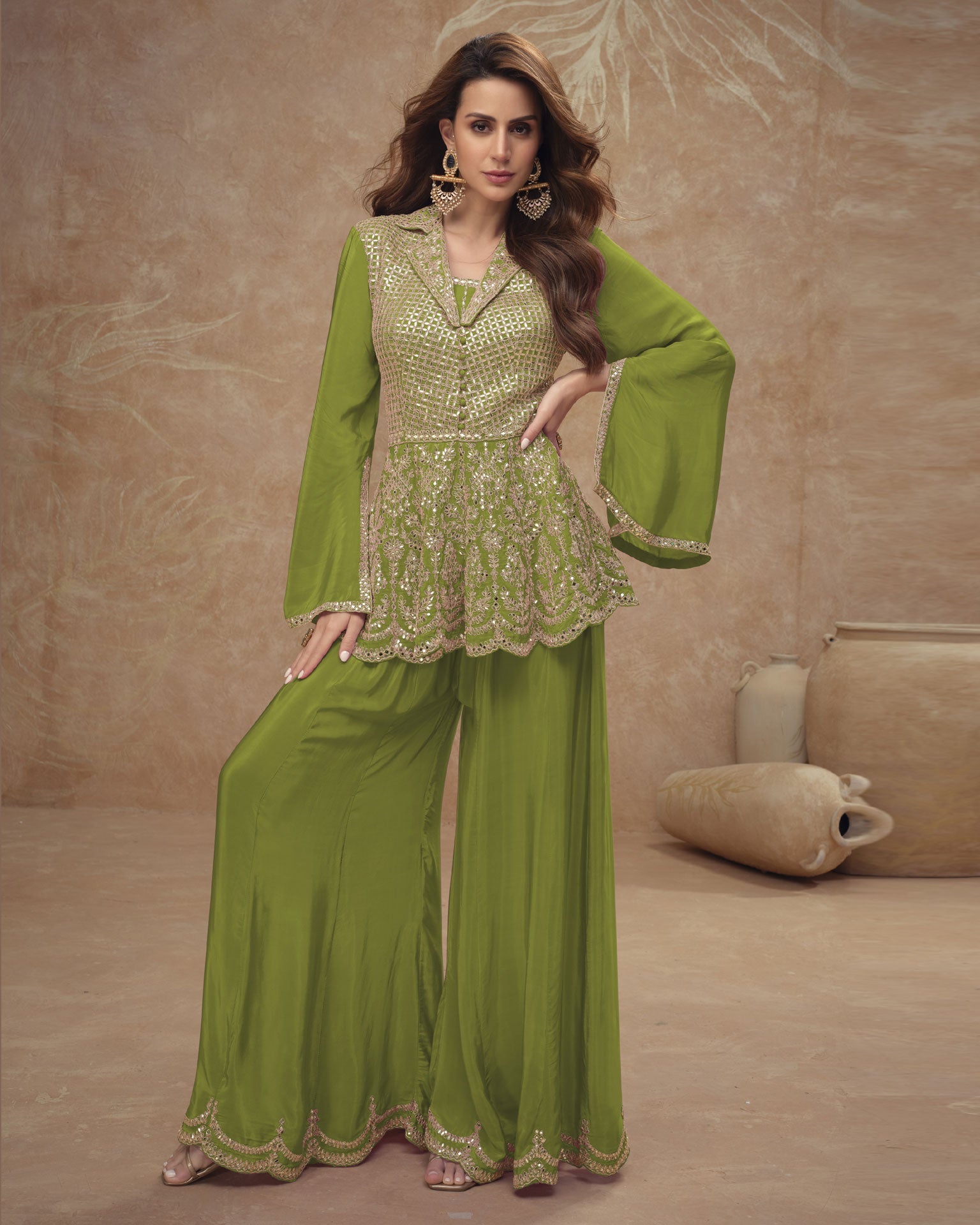 Green Readymade CO-Ord Palazzo Suit For Woman In Chinnon Silk