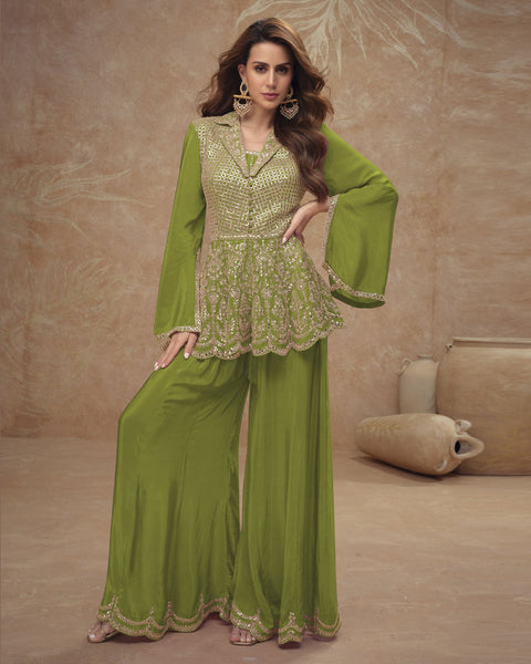 Green Readymade CO-Ord Palazzo Suit For Woman In Chinnon Silk