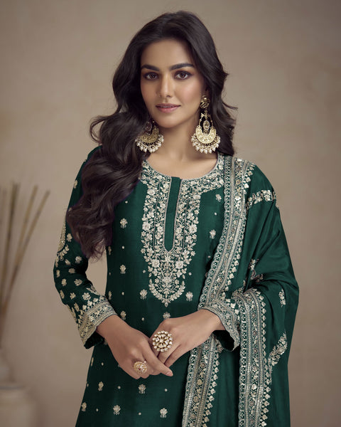 Green Chinnon Silk Readymade Woman Palazzo Suit With Embroidered Dupatta