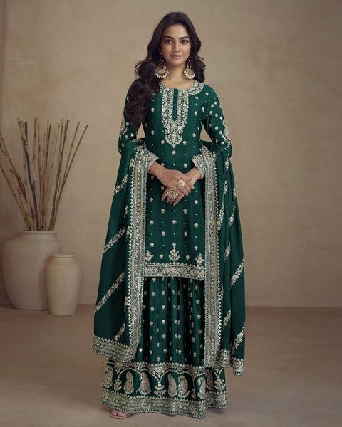 Green Chinnon Silk Readymade Woman Palazzo Suit With Embroidered Dupatta