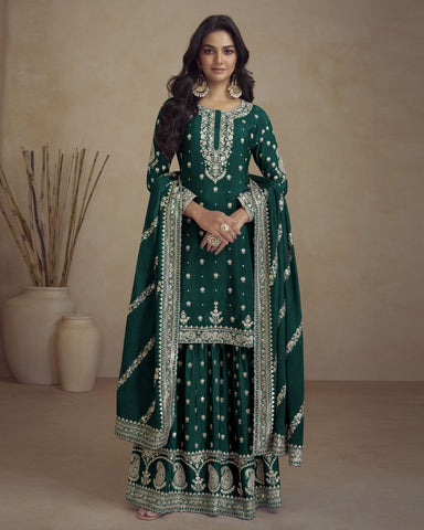 Green Chinnon Silk Readymade Woman Palazzo Suit With Embroidered Dupatta