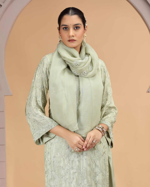 Green Satin Silk Readymade Salwar Suit For Woman With Farsi Pant