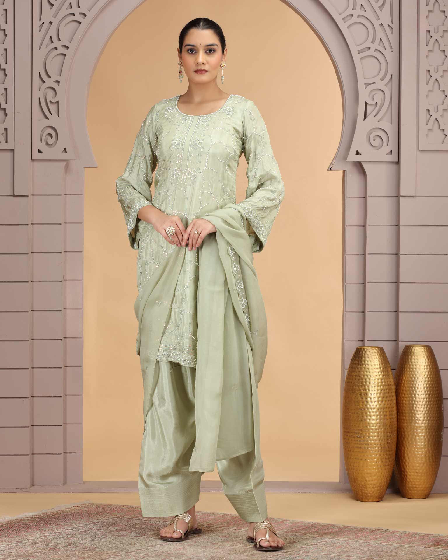 Green Satin Silk Readymade Salwar Suit For Woman With Farsi Pant