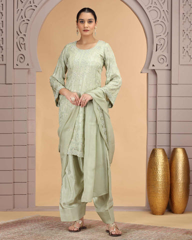 Green Satin Silk Readymade Salwar Suit For Woman With Farsi Pant