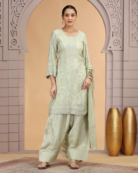 Green Satin Silk Readymade Salwar Suit For Woman With Farsi Pant