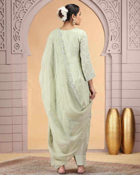 Green Satin Silk Readymade Salwar Suit For Woman With Farsi Pant