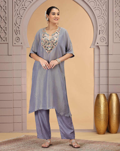 Grey Organza Shimmer Silk Readymade Salwar Suit For Woman With Pant