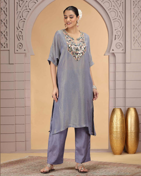 Grey Organza Shimmer Silk Readymade Salwar Suit For Woman With Pant