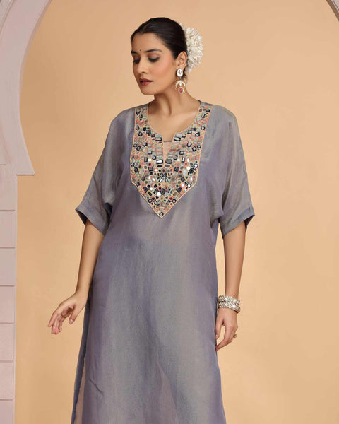 Grey Organza Shimmer Silk Readymade Salwar Suit For Woman With Pant