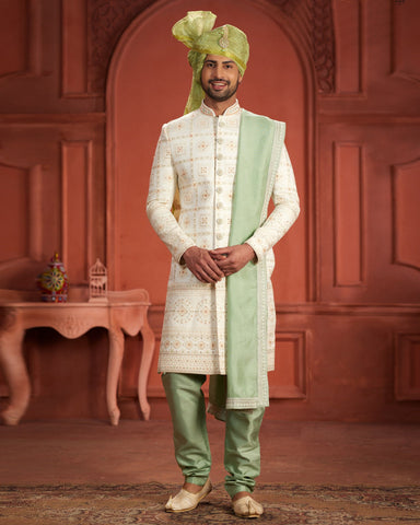 Cream & Pista Green Pure Silk Groom Wedding Sherwani With Dupatta