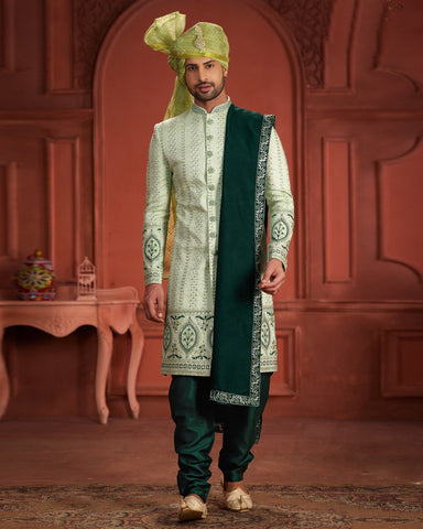 Pista Green & Dark Green Pure Silk Groom Wedding Sherwani With Dupatta