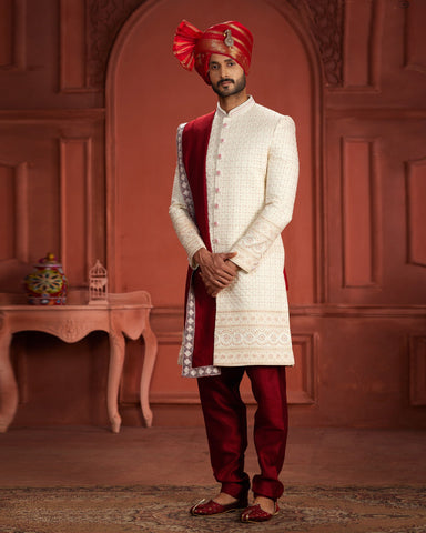 Cream Pure Silk Groom Wedding Sherwani With Jacket & Dupatta