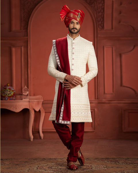 Cream Pure Silk Groom Wedding Sherwani With Jacket & Dupatta