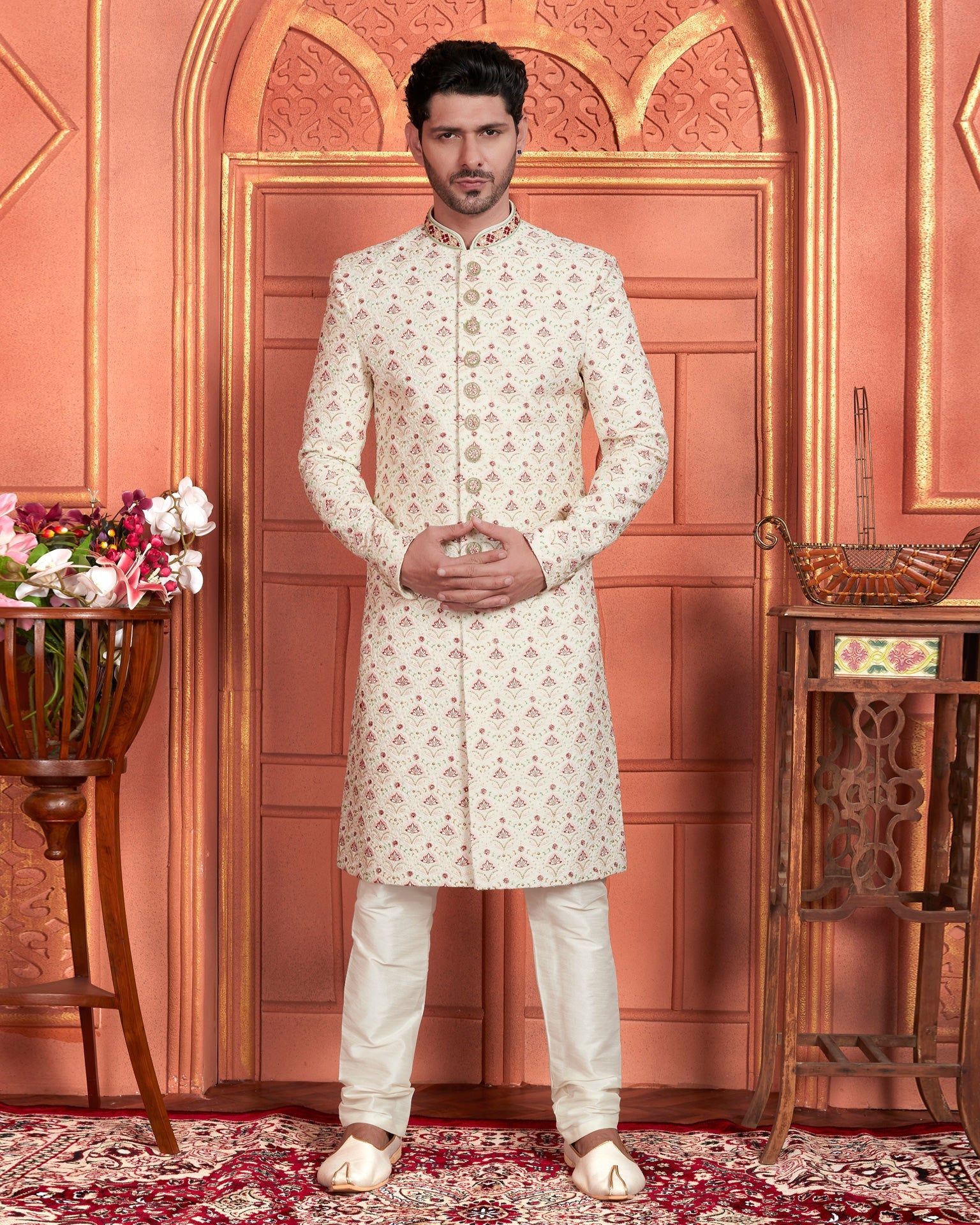 Cream Art Silk indian Ethnic Wear Men Readymade Sherwani With Hand Embroidery