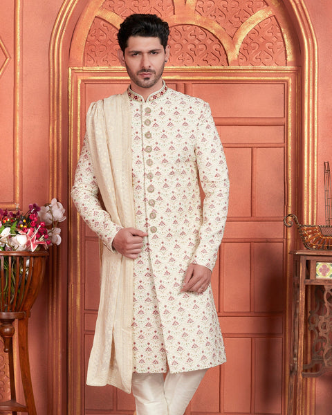 Cream Art Silk indian Ethnic Wear Men Readymade Sherwani With Hand Embroidery