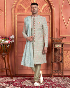 Green Art Silk indian Ethnic Wear Men Readymade Sherwani With Hand Embroidery