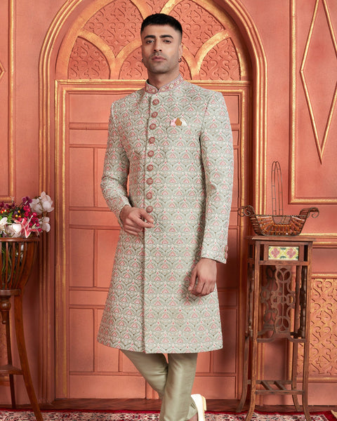 Green Art Silk indian Ethnic Wear Men Readymade Sherwani With Hand Embroidery