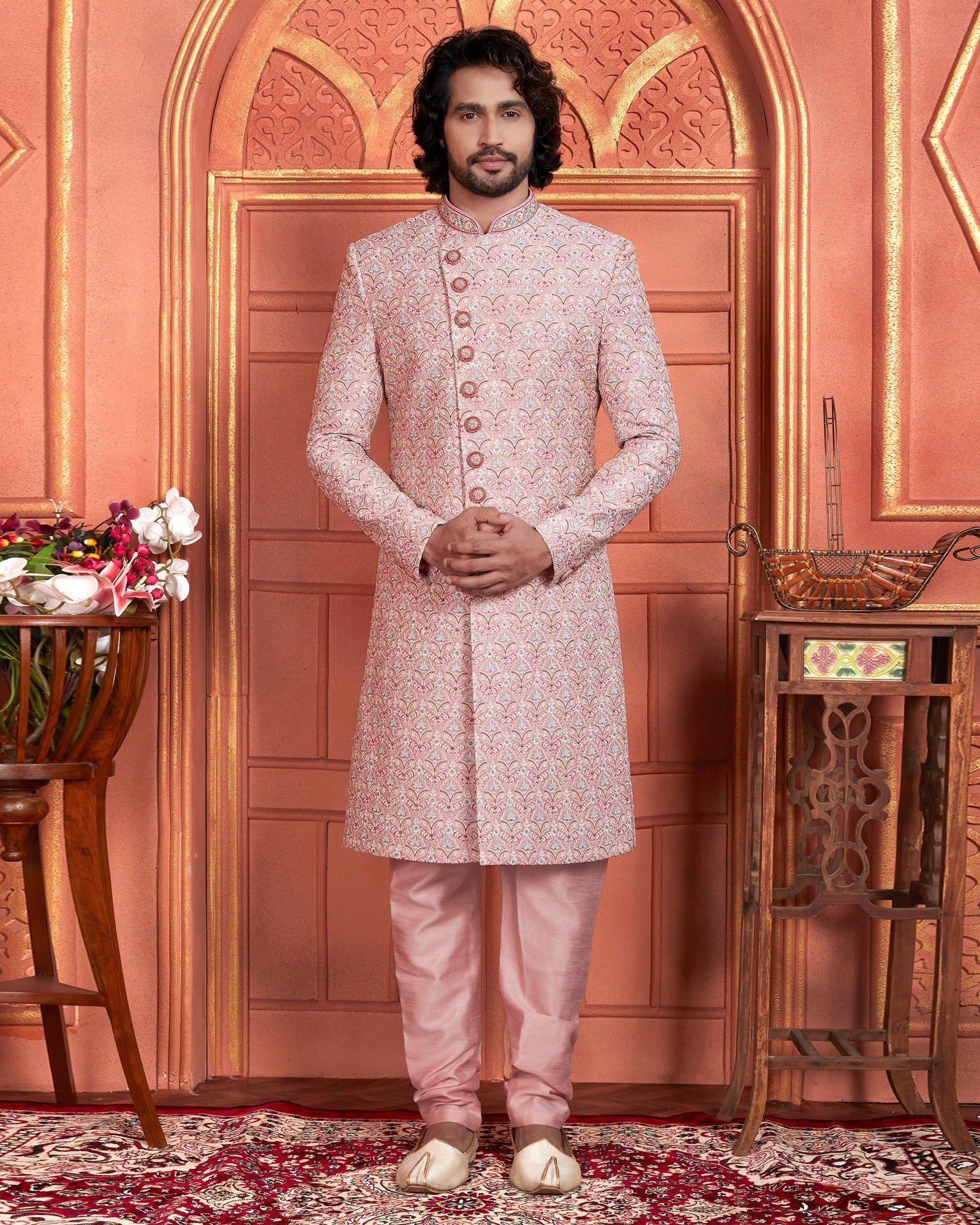 Pink Art Silk indian Ethnic Wear Men Readymade Sherwani With Hand Embroidery