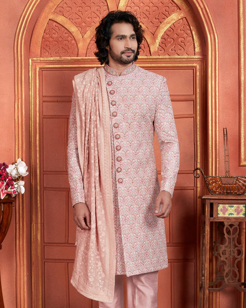 Pink Art Silk indian Ethnic Wear Men Readymade Sherwani With Hand Embroidery