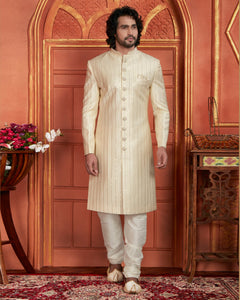 Cream Art Silk indian Ethnic Wear Men Readymade Sherwani With Hand Embroidery