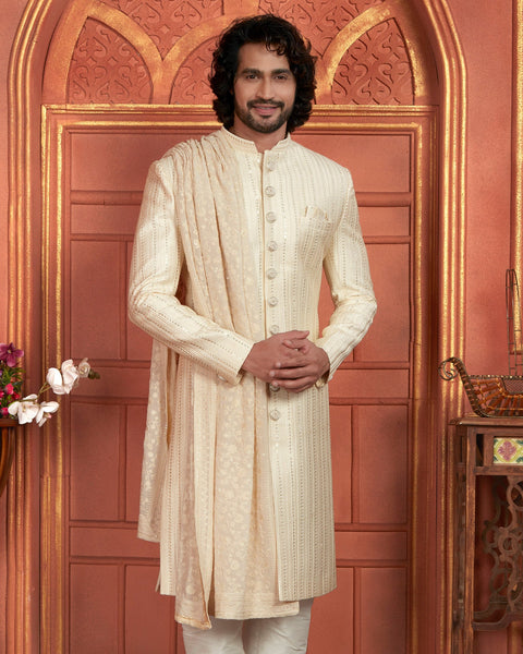 Cream Art Silk indian Ethnic Wear Men Readymade Sherwani With Hand Embroidery