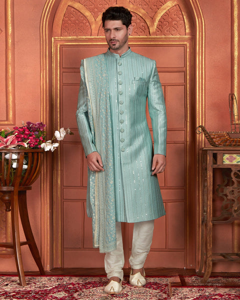 Sky Blue Art Silk indian Ethnic Wear Men Readymade Sherwani With Hand Embroidery