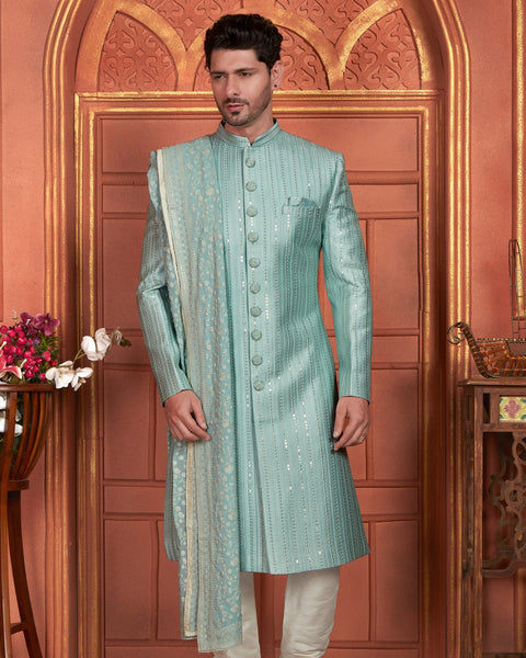 Sky Blue Art Silk indian Ethnic Wear Men Readymade Sherwani With Hand Embroidery