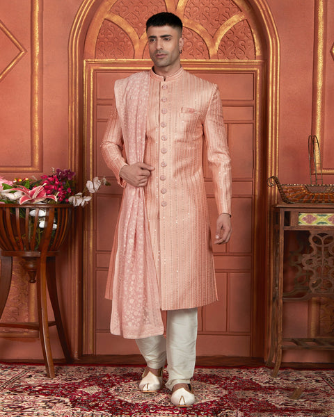 Peach Art Silk indian Ethnic Wear Men Readymade Sherwani With Hand Embroidery