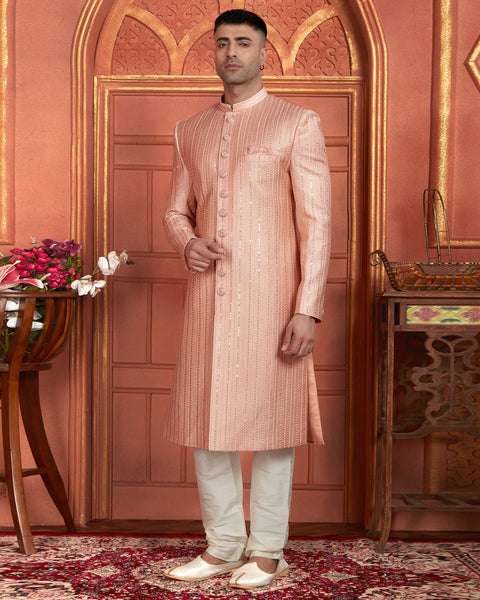 Peach Art Silk indian Ethnic Wear Men Readymade Sherwani With Hand Embroidery