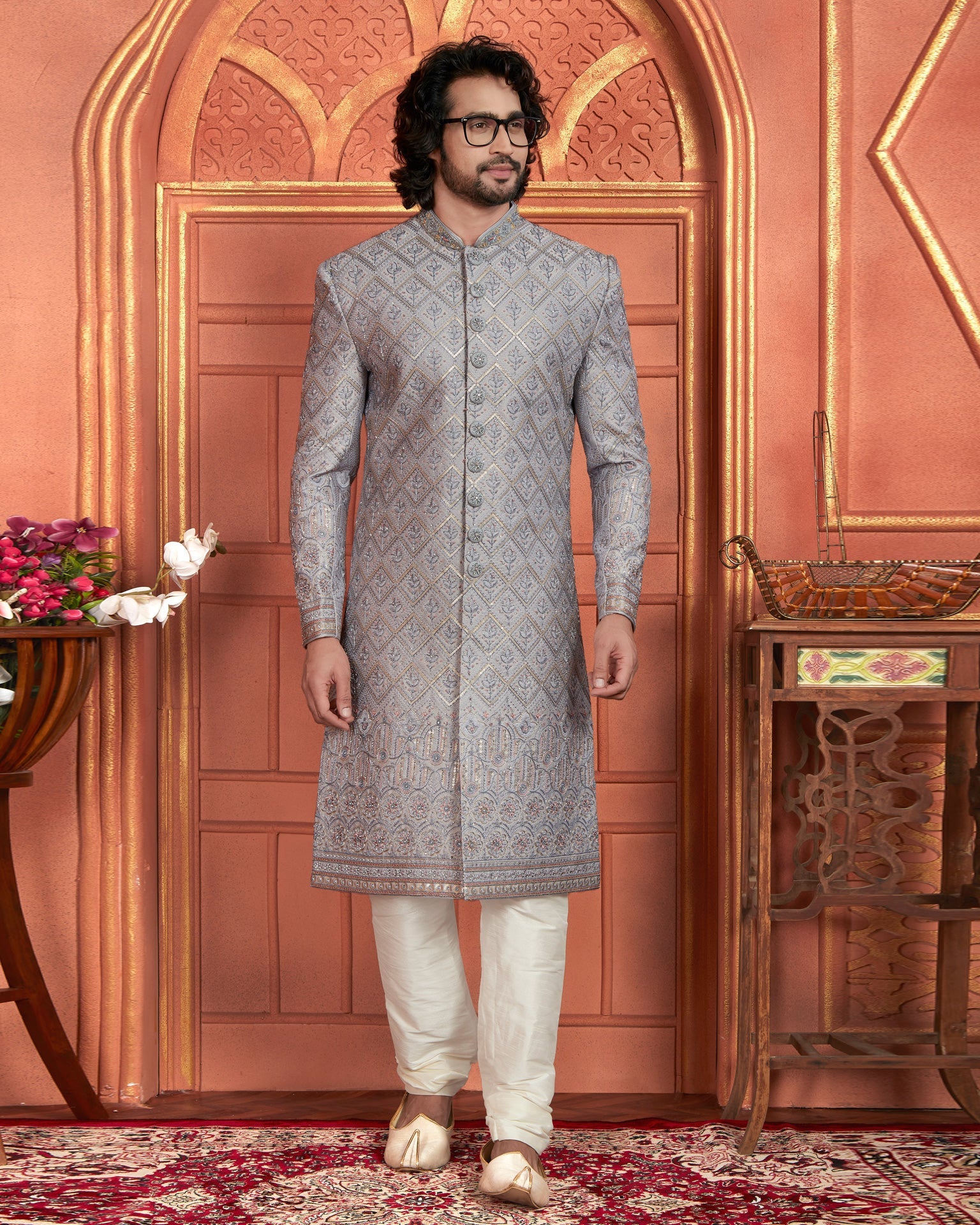 Grey Art Silk indian Ethnic Wear Men Readymade Sherwani With Hand Embroidery